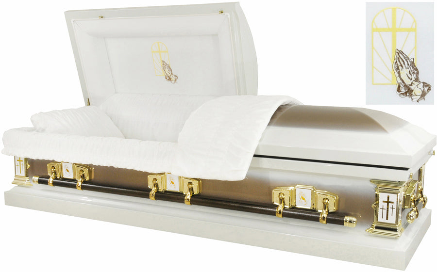 M-2217-FS Praying Hands Casket / 18ga / White & Gold Metallic / White Velvet Interior / Gold Hardware