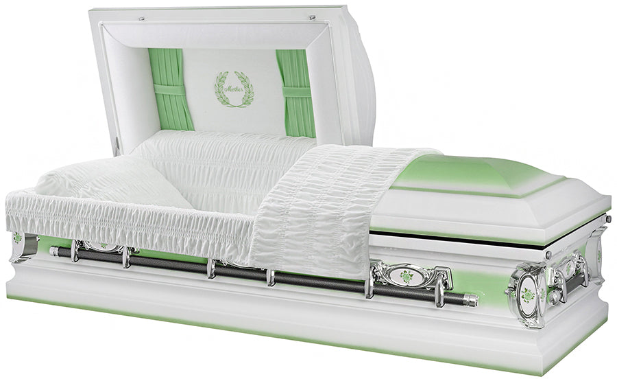 M-4782-J-FS White with Lt Green Accents Mother Casket / Lt Green Curtains / White Velvet Interior / Lt Green Flowers