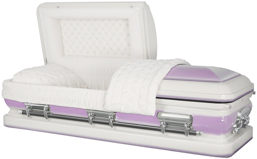 M-4873-FS -18ga / White & Lavender Urn Shell /Silver Hardware / White Velvet Interior