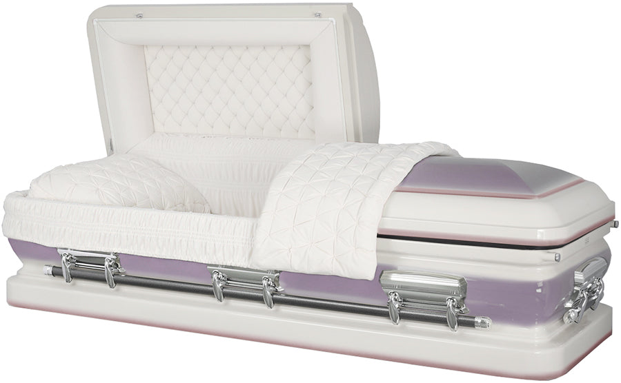 M-4874-FS 18ga / White & Purple Urn Shell / Silver Hardware / White Velvet Interior