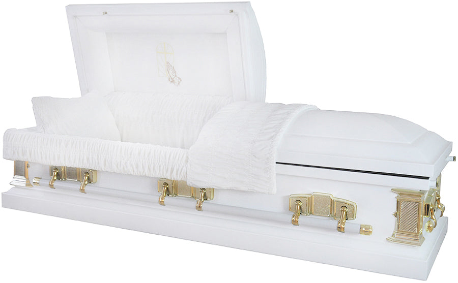 M-6256-FS White Casket / 18 ga / White Velvet Interior / Gold Hardware