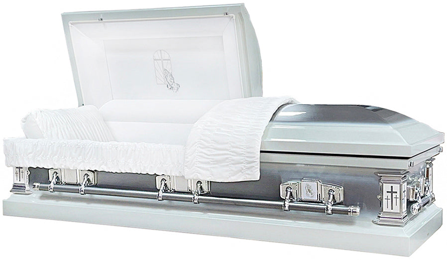 M-6314A-FS Praying Hands Casket / 18ga / White Velvet / Silver Brush / Silver Hardware / Silver Praying Hands Stitch & Accents