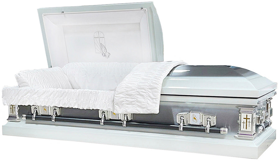 M-6314-B-FS Praying Hands Casket/18ga/White Velvet/Silver Brush with Silver Hardware/Gold accent