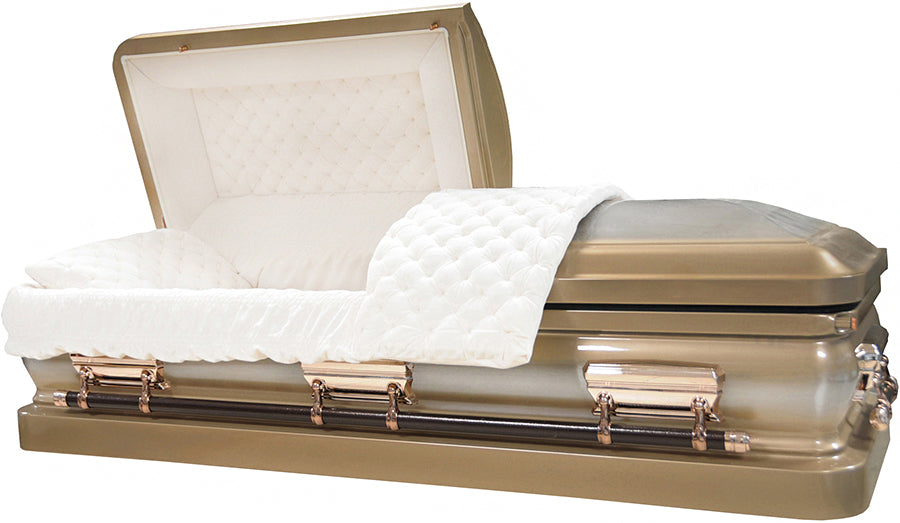 M-6322-FS Champagne Casket w/ Natural Brush / Beige Velvet Interior / 18 Gauge / Protective