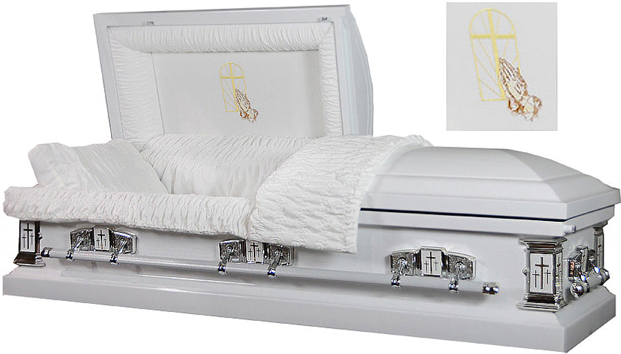 M-8004-FS Praying Hands Casket / 18ga / White Velvet Interior / Silver Hardware