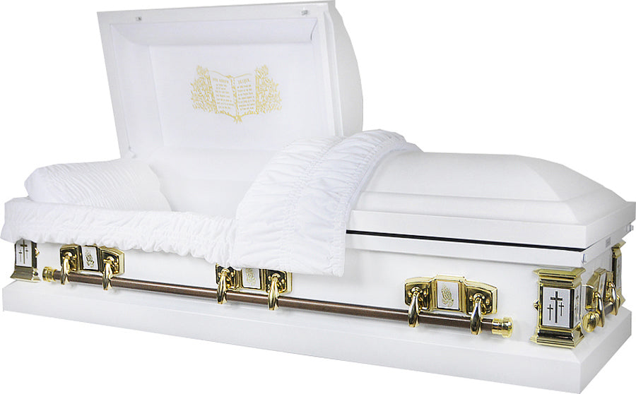 M-8016-FS Lord's Prayer Casket / 18ga / White Velvet Interior / Crosses & Praying Hands / Gold Hardware