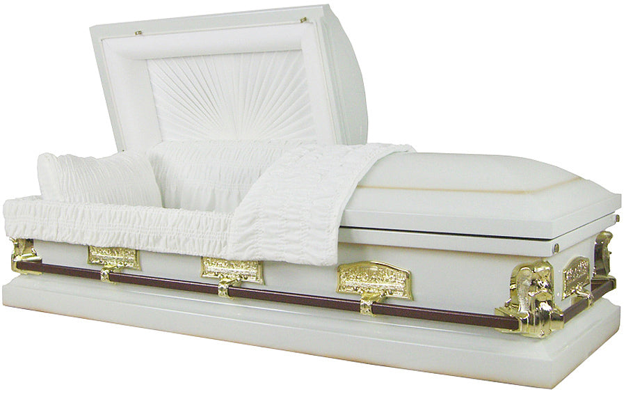 M-8021-FS White Angel Casket / 18ga / Last Supper / White Velvet / Gold Hardware
