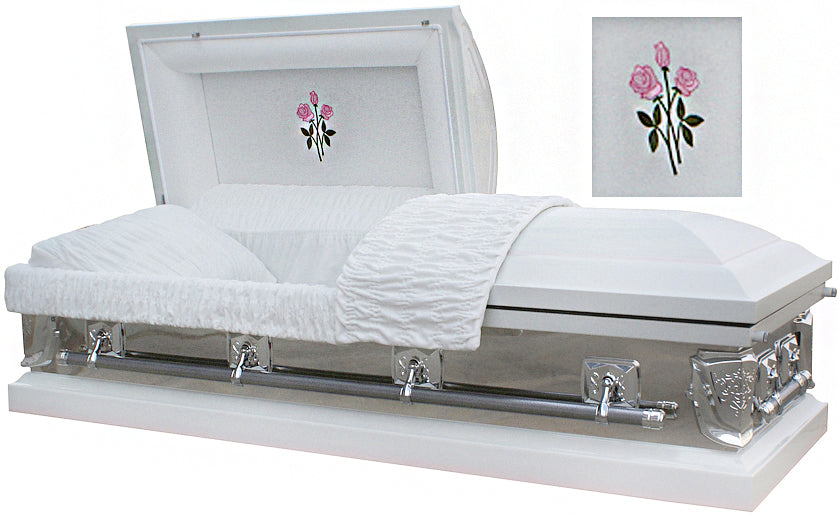 M-8034-FS White / 18 ga / Mirrored Sides / White Velvet Interior / Silver Hardware