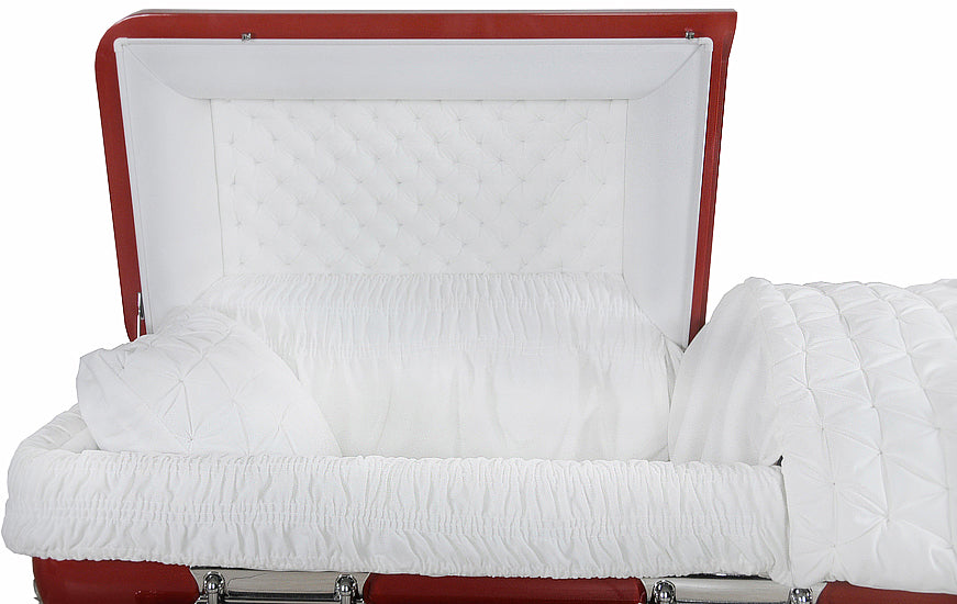 M-8216-FS Red Casket with White velvet / Silver Hardware / 18 Gauge / Protective