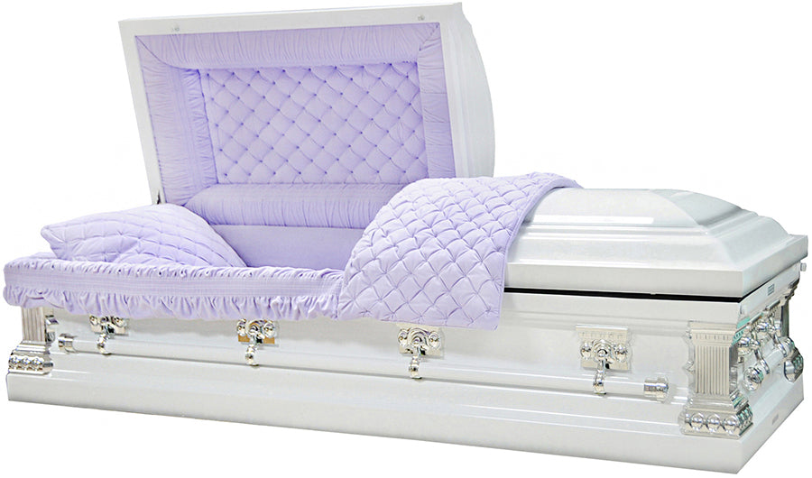 M-8267-FS 18ga / White Casket / Silver Accents / Lavender Velvet Interior / Silver Hardware