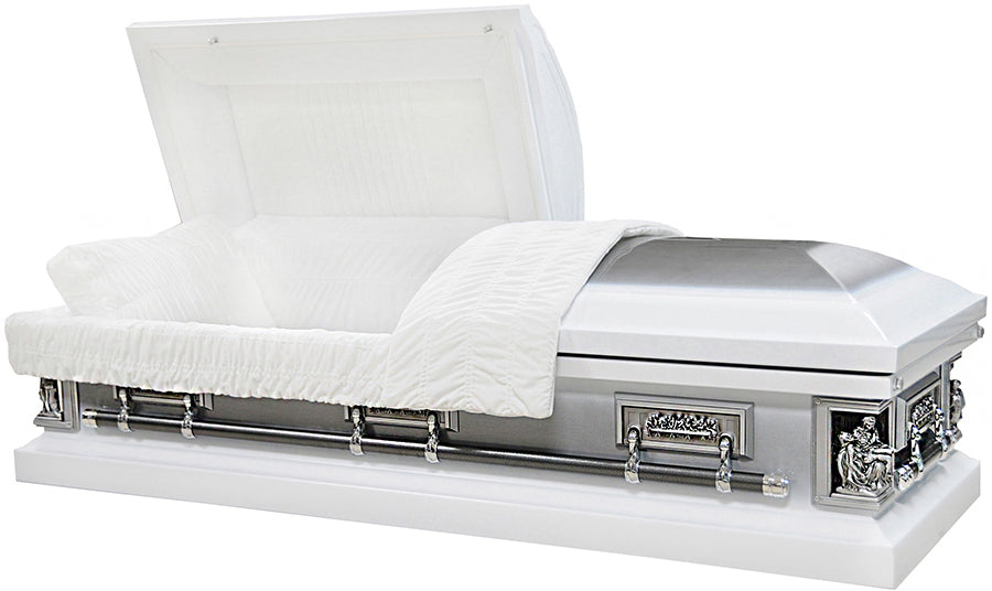 M-8332B-FS 18ga / Pieta Casket / Last Supper Casket / White Finish / Silver Brush / White Velvet