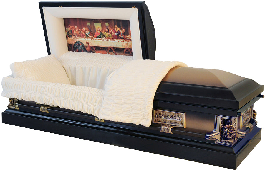 M-8363=8337-FS La Pieta Casket / Last Supper Casket / 18ga / Dark Brown / Light Brown Brush with Almond Velvet