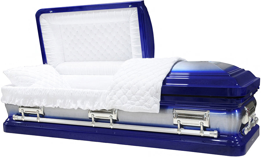 M-8403-FS Royal Blue Casket with Natural Brush / White Velvet Interior / Silver Hardware / 18 Gauge / Protective