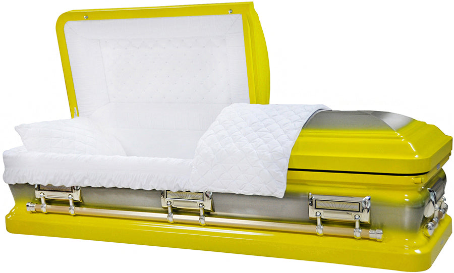 M-8404-FS 18ga / Bright Yellow Casket / Natural Brush / White Velvet Interior / Silver Hardware