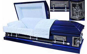 M-8543-FS 18ga / Pieta Casket / Last Supper Casket / Blue Finish / Light Blue Velvet Interior / Silver Hardware