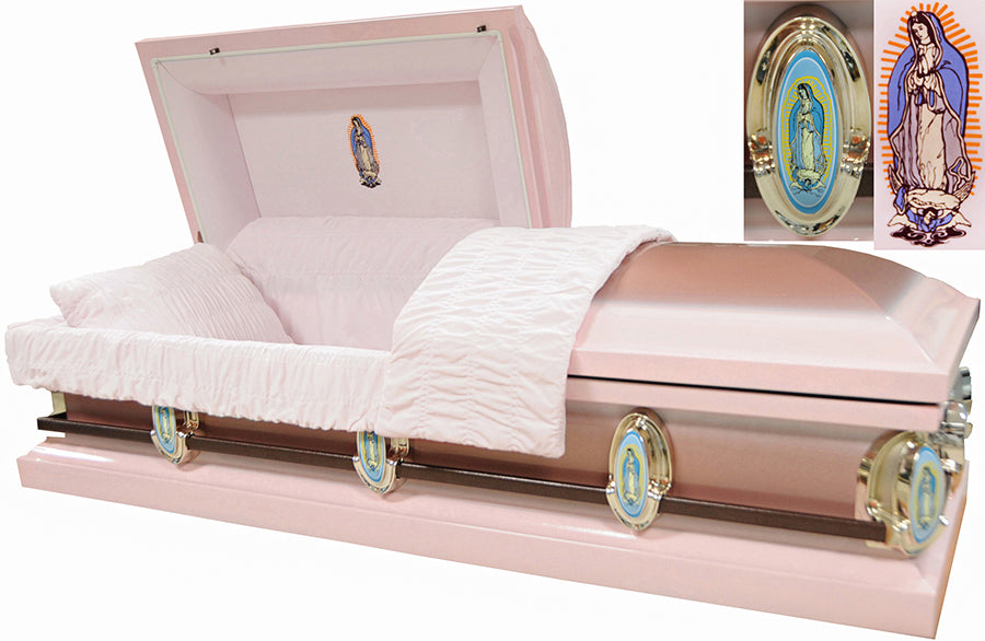M-8549-FS 18ga / Guadalupe Casket / Virgin Mary / Light Pink / Dark Pink Brush / Light Pink Velvet