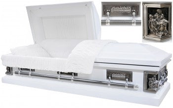 M-8553-FS 18ga / White Pieta Casket / Silver Last Supper Hardware w/ White Velvet Interior