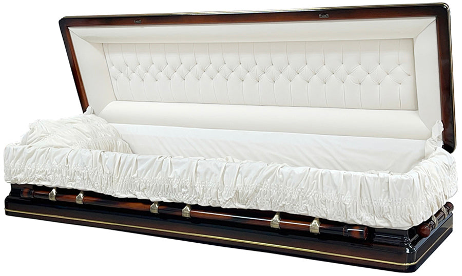 W-8802FC-FS Antiqued Solid Poplar Casket/High Gloss/Cream Velvet/Gold Stripe/NO Foot Panel