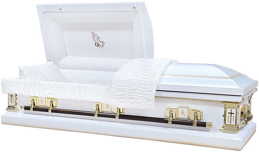 M-9391-FS White w/Gold accent Praying hands / White Velvet Interior / Praying Hands Headpanel