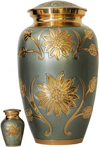 008-A-FS - Brass Urn / Olive Green with Gold Flowers