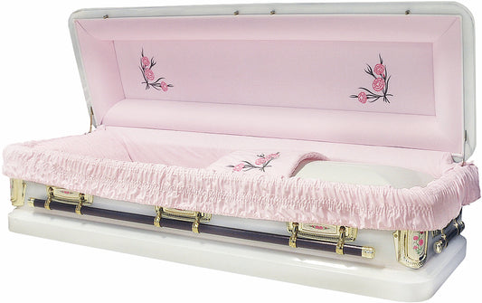 M-2001-FC-FS  Full Couch with Foot Panel/18ga/Antique White/Pink Velvet Interior/Gold Hardware
