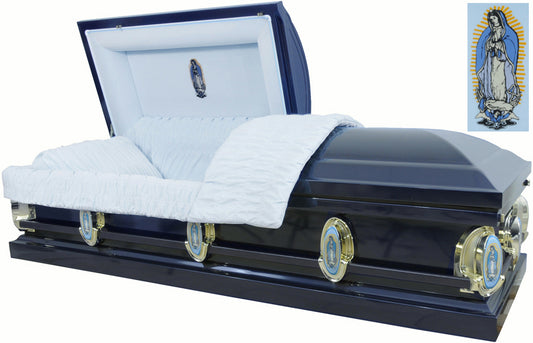 M-2204-FS   Guadalupe Casket / Virgin Mary / Navy / 18ga / Light Blue Velvet
