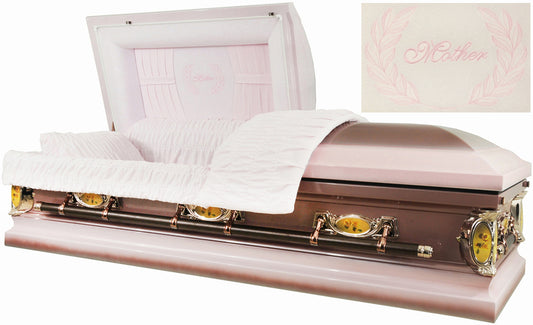 M-2214-FS  Mother Casket/18ga/Light Pink with Dark Pink Finish/Light Pink Velvet Interior