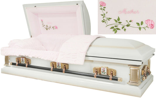 M-2218-FS   Mother Casket / 18ga / Eggshell White w/ Lt Pink Accents / Pink Velvet / Rose tan Hardware