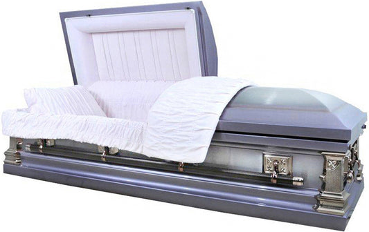 M-2223-FS 18Gauge / Lavender Casket w/ Dark Accents / Silver Rose Hardware w/ Pink Velvet