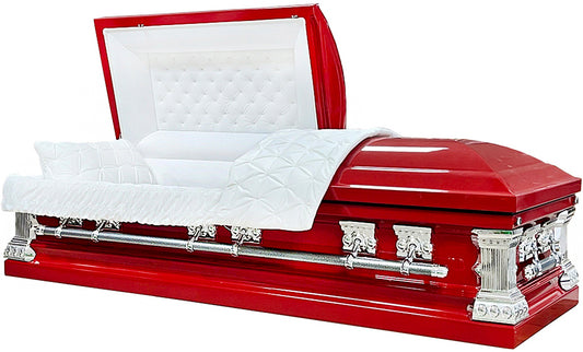 M-2258-FS   Red Steel Casket / Square shape / White Velvet Interior / 18ga