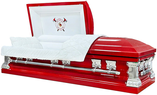 M-2258a-FS  18 ga / Red Steel Casket / Fireman Head Panel / Square shape / White Velvet Interior
