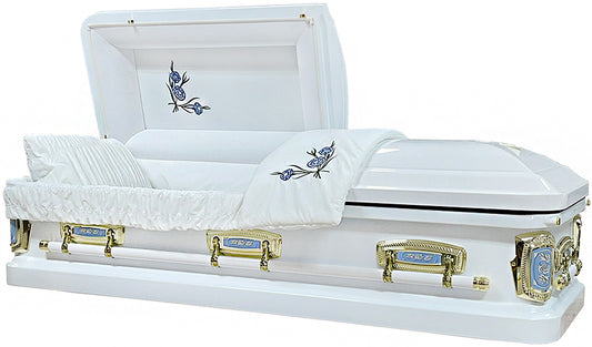 M-2260-FS   White / Blue Carnation Flowers / Gold Hardware / White Velvet Interior