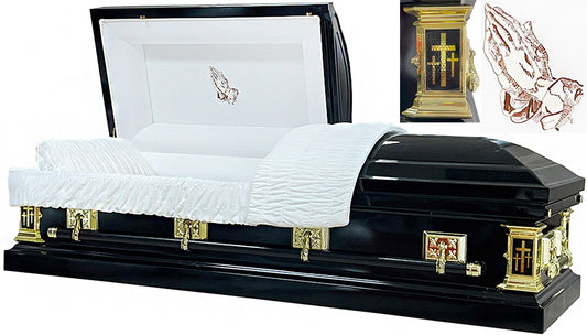 M-2263-FS   Praying Hands / Black Casket / Gold Stitch / Gold Hardware / Gold Crosses in corners