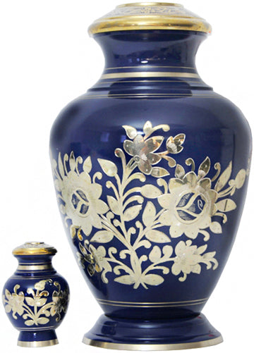 042-A-FS - Brass Urn / Blue with Silver Flowers