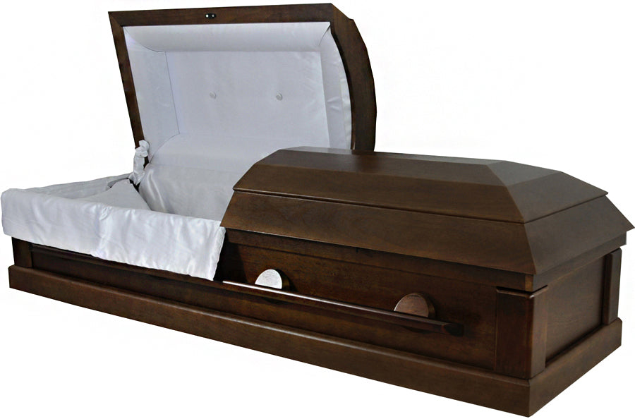 W-4702-FS   Cremation Casket / Walnut Veneer Casket / White Poly Silk Interior / No Bed / Minimal Metal