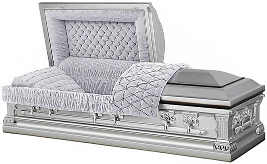 M-4737-FS  18ga / Silver Casket with Black Accents / Gray Velvet Interior / Silver Hardware