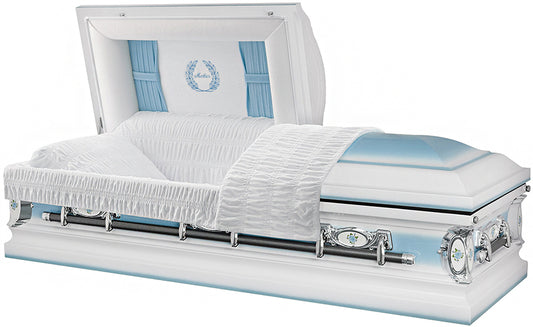 M-4781-J-FS  18ga / Lt Blue Mother w/Curtains / White and light blue / White velvet interior Lt Blue flower