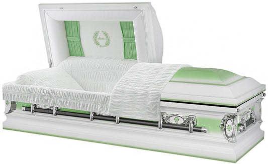 M-4782-J-FS   White with Lt Green Accents Mother Casket / Lt Green Curtains / White Velvet Interior / Lt Green Flowers