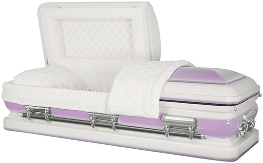 M-4873-FS -18ga / White & Lavender Urn Shell /Silver Hardware / White Velvet Interior