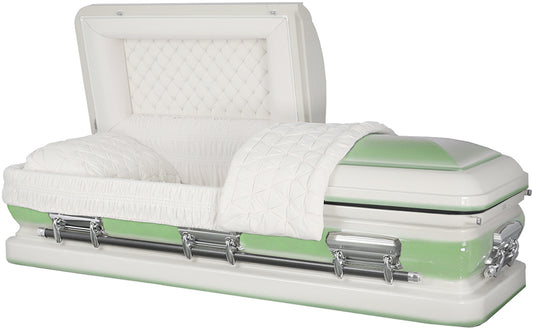 M-4876-FS  18ga / White & Lt Green Urn Shell / Silver Hardware / White Velvet Interior