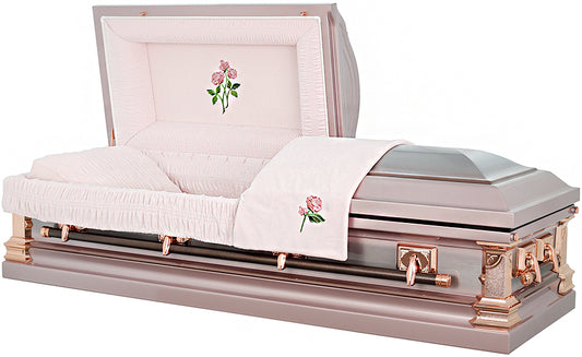 M-4879-J-FS  Lavender Casket with 3 Embroidered Roses / Pink Velvet Interior / Rose Gold Hardware