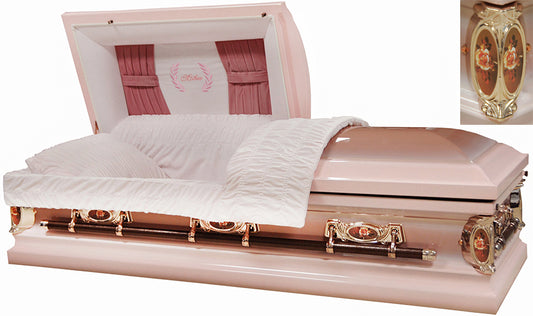 M-6227-FS   Mother Casket w/ Curtains Head Panel / 18ga / Light Pink and Dark Pink Rose Hardware