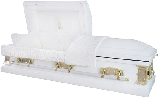 M-6256-FS   White Casket / 18 ga / White Velvet Interior / Gold Hardware