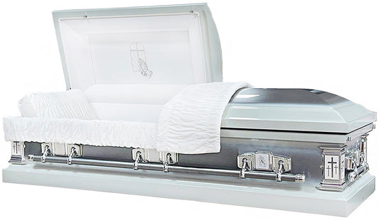 M-6314A-FS  Praying Hands Casket / 18ga / White Velvet / Silver Brush / Silver Hardware / Silver Praying Hands Stitch & Accents