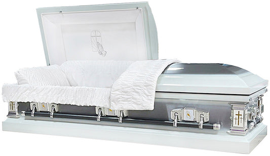 M-6314-B-FS  Praying Hands Casket/18ga/White Velvet/Silver Brush with Silver Hardware/Gold accent