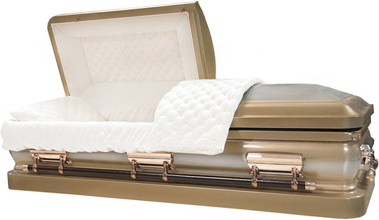 M-6322-FS Champagne Casket w/ Natural Brush / Beige Velvet Interior / 18 Gauge / Protective