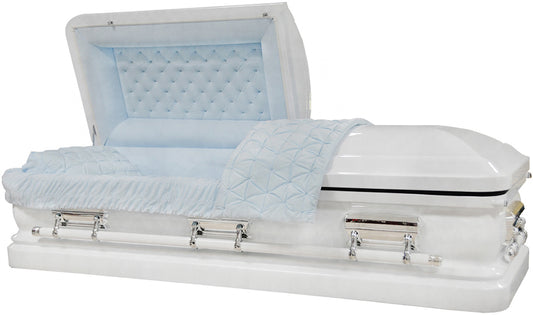 M-7452-FS  18ga White With Lt blue Velvet, Urn Shell, Silver hardware