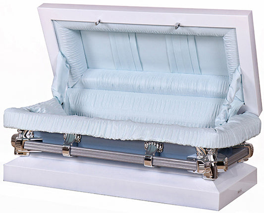 M-7712-FC-FS 30"/35"   Child's White/Blue Casket Blue Interior