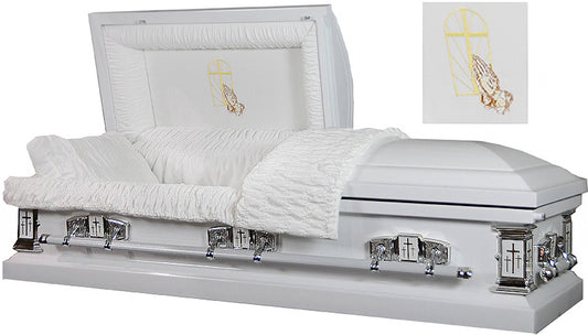 M-8004-FS   Praying Hands Casket / 18ga / White Velvet Interior / Silver Hardware