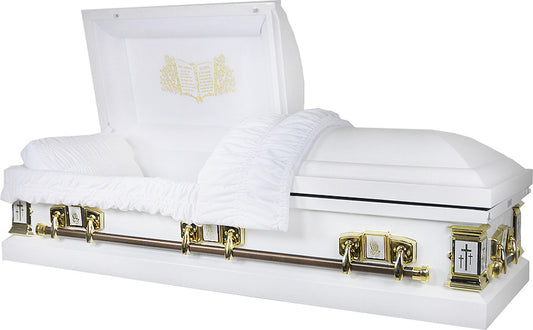 M-8016-FS   Lord's Prayer Casket / 18ga / White Velvet Interior / Crosses & Praying Hands / Gold Hardware
